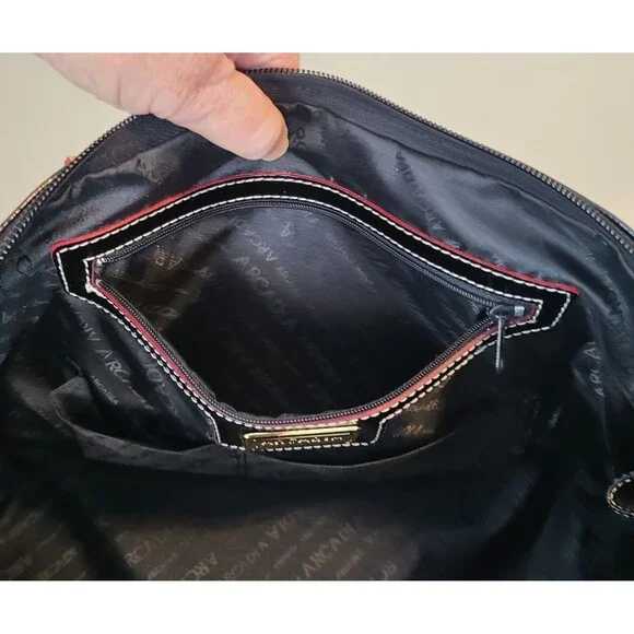 Arcadia Italian Bugatti Black Patent Leather Satchel Dome Handbag Tan & Red Trim - Picture 9 of 12